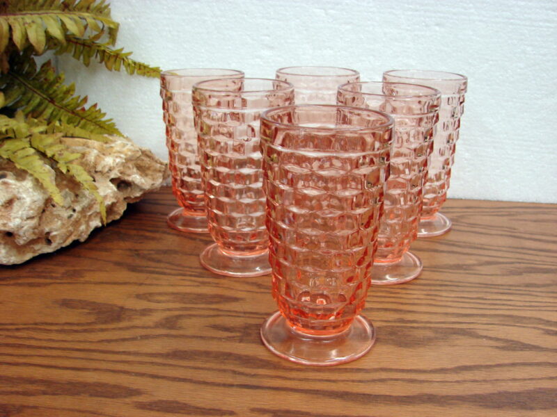 Vintage Cubist Indiana Glass Whitehall Footed Tumbler Pink Peach Set/6, Moose-R-Us.Com Log Cabin Decor