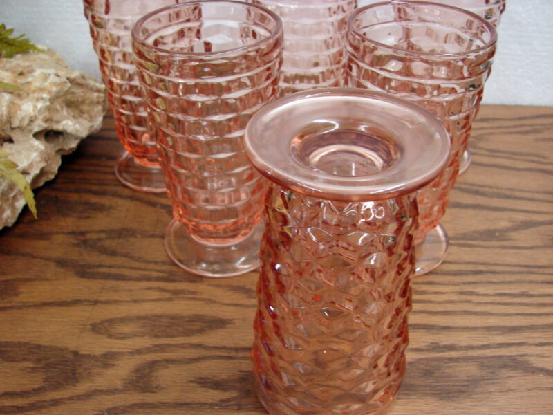 Vintage Cubist Indiana Glass Whitehall Footed Tumbler Pink Peach Set/6, Moose-R-Us.Com Log Cabin Decor