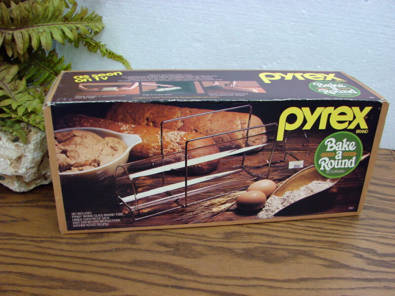 Vintage PYREX New in Box Bake a Round French Bread Baking Tube w/ Stand, Moose-R-Us.Com Log Cabin Decor