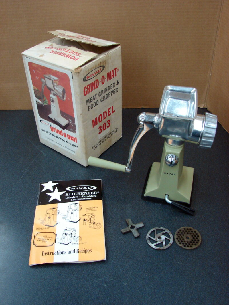 Vintage Rival Grind-O-Mat Avocado Green Meat Grinder Food Chopper Box, Moose-R-Us.Com Log Cabin Decor