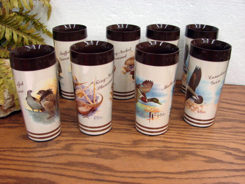 Set/8 Thermo Serv West Bend Les Kouba Insulated Glass Goose Grouse Mallard, Moose-R-Us.Com Log Cabin Decor