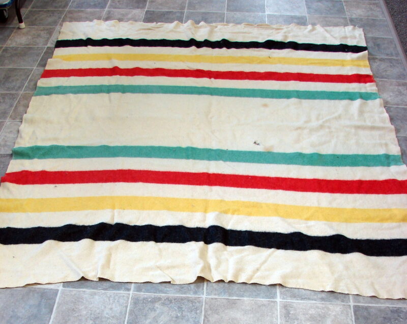 Vintage Stained Holes Wool Hudson Bay Style Classic Striped Blanket for Crafts, Moose-R-Us.Com Log Cabin Decor