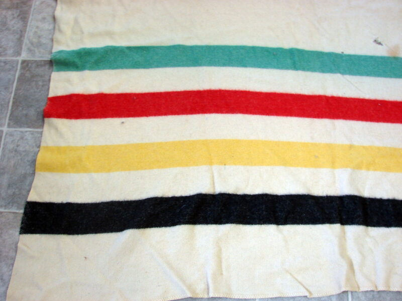 Vintage Stained Holes Wool Hudson Bay Style Classic Striped Blanket for Crafts, Moose-R-Us.Com Log Cabin Decor