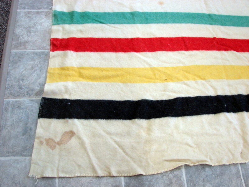 Vintage Stained Holes Wool Hudson Bay Style Classic Striped Blanket for Crafts, Moose-R-Us.Com Log Cabin Decor