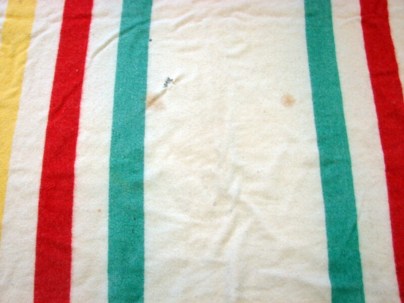 Vintage Stained Holes Wool Hudson Bay Style Classic Striped Blanket for Crafts, Moose-R-Us.Com Log Cabin Decor