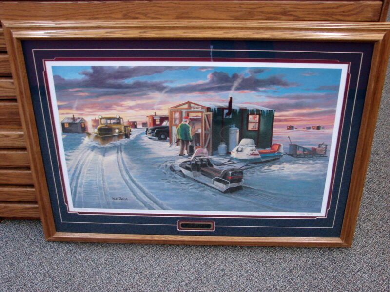 Ken Zylla Artwork Wigwam Bay Ice Fishing Lake Snowmobiles Framed Matted #163, Moose-R-Us.Com Log Cabin Decor