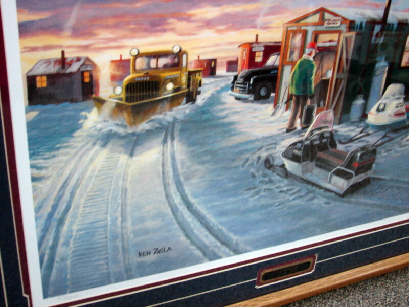 Ken Zylla Artwork Wigwam Bay Ice Fishing Lake Snowmobiles Framed Matted #163, Moose-R-Us.Com Log Cabin Decor