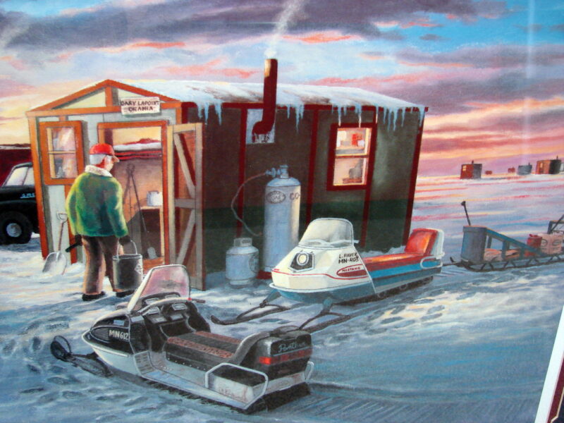 Ken Zylla Artwork Wigwam Bay Ice Fishing Lake Snowmobiles Framed Matted #163, Moose-R-Us.Com Log Cabin Decor