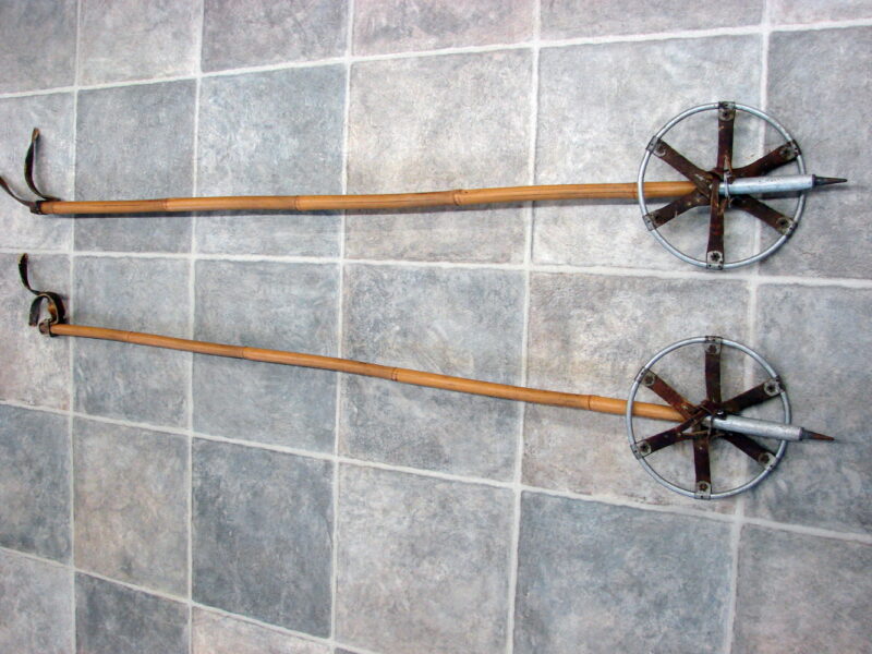 Antique Bamboo Ski Poles Leather Aluminum Ring Basket 45&#8243;, Moose-R-Us.Com Log Cabin Decor