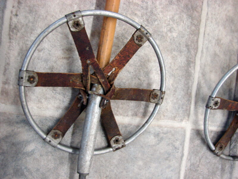 Antique Bamboo Ski Poles Leather Aluminum Ring Basket 45&#8243;, Moose-R-Us.Com Log Cabin Decor