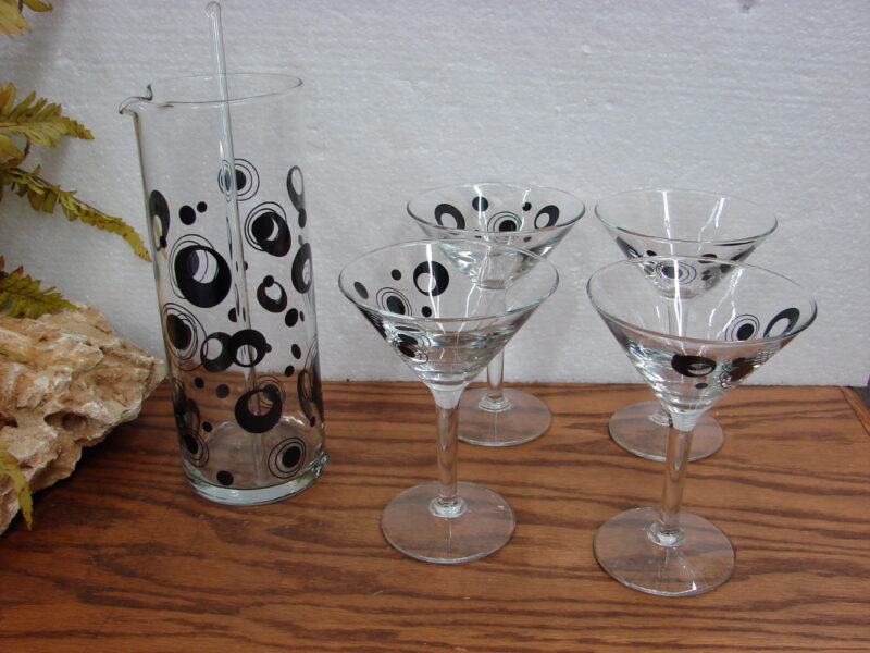 Vintage Libbey Black Dot Martini Set 5 Pc. Cocktail Barware, Moose-R-Us.Com Log Cabin Decor