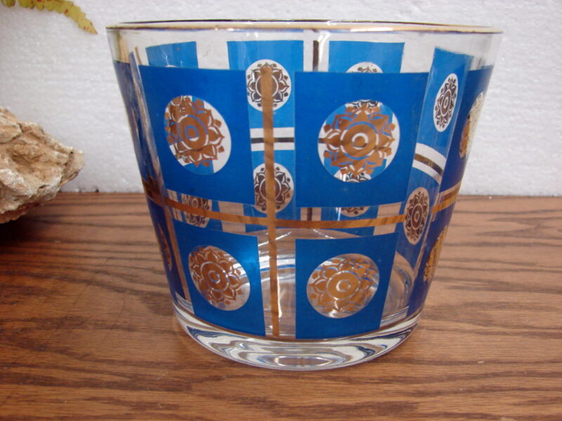 Vintage Jeanette Glass MCM Gold Blue Sunflower Ice Bucket Martini Cocktail Barware, Moose-R-Us.Com Log Cabin Decor