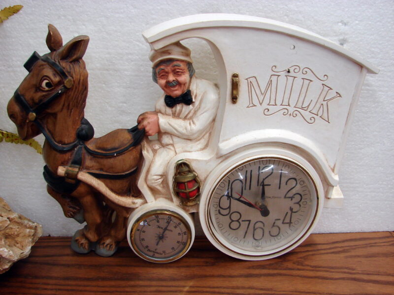 Vintage 1978 Syroco Burwood Products Milk Wagon Donkey Clock Thermometer, Moose-R-Us.Com Log Cabin Decor