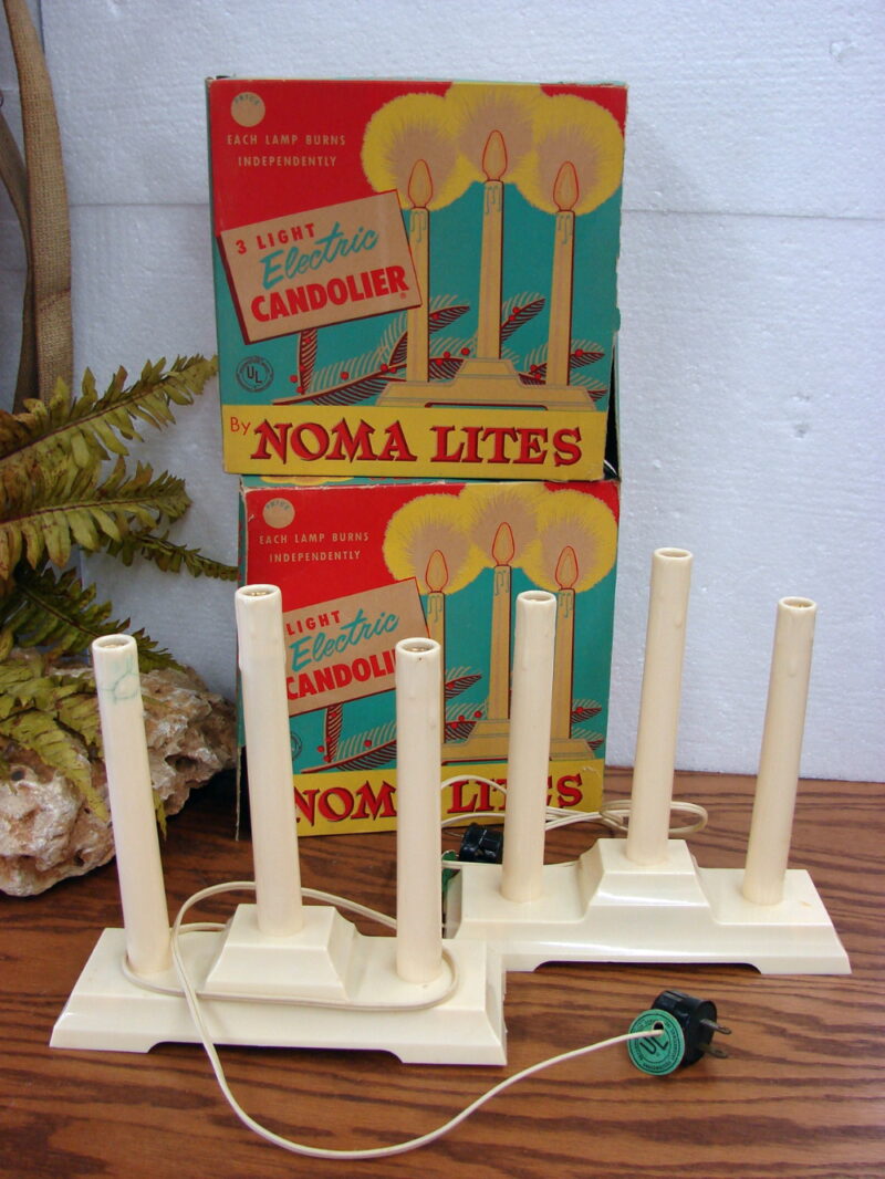 Vintage Christmas Lights 3 Light Noma Candolier Original Boxes Set/2, Moose-R-Us.Com Log Cabin Decor