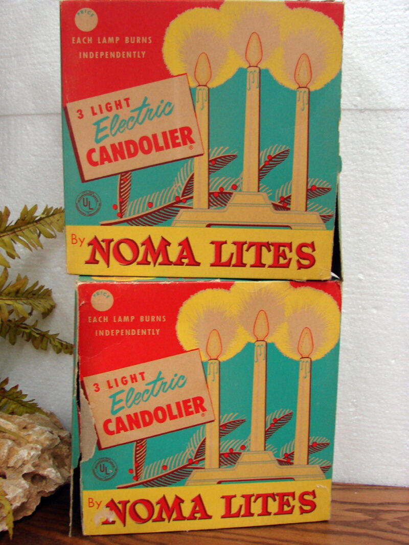 Vintage Christmas Lights 3 Light Noma Candolier Original Boxes Set/2, Moose-R-Us.Com Log Cabin Decor