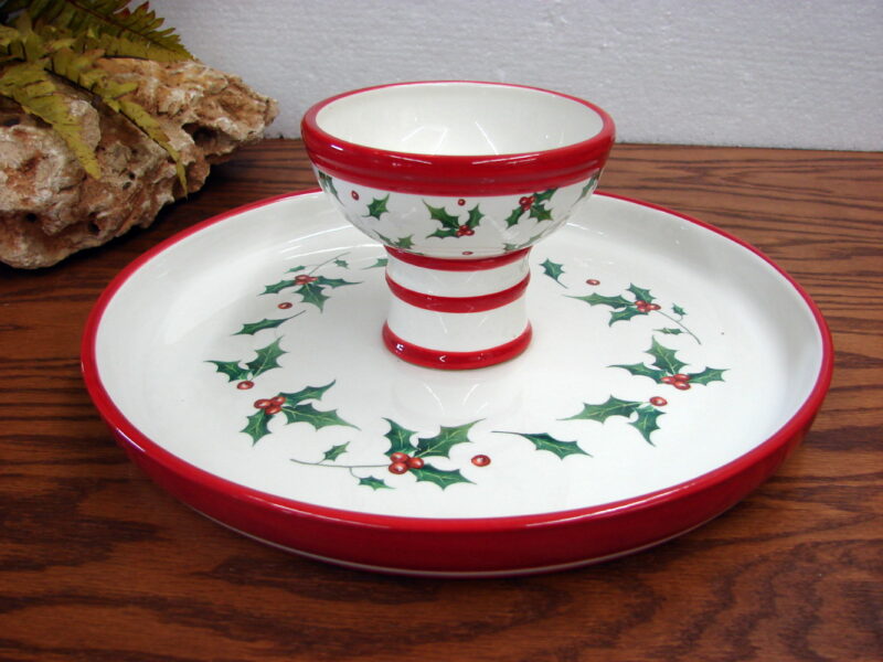 Chickadee Pine Cone Bough Reversible Cake Stand Chip and Dip Holder Red White, Moose-R-Us.Com Log Cabin Decor