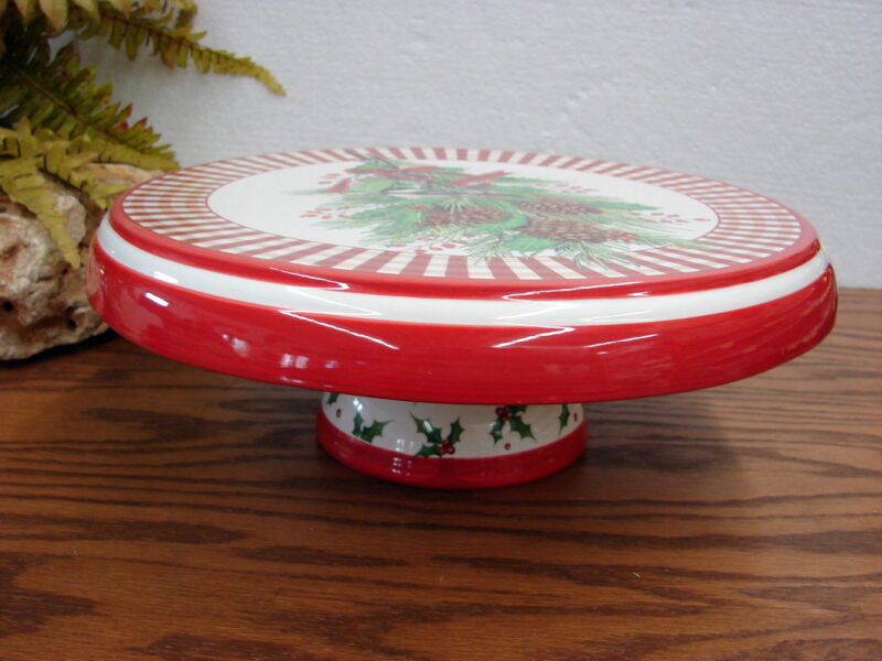 Chickadee Pine Cone Bough Reversible Cake Stand Chip and Dip Holder Red White, Moose-R-Us.Com Log Cabin Decor