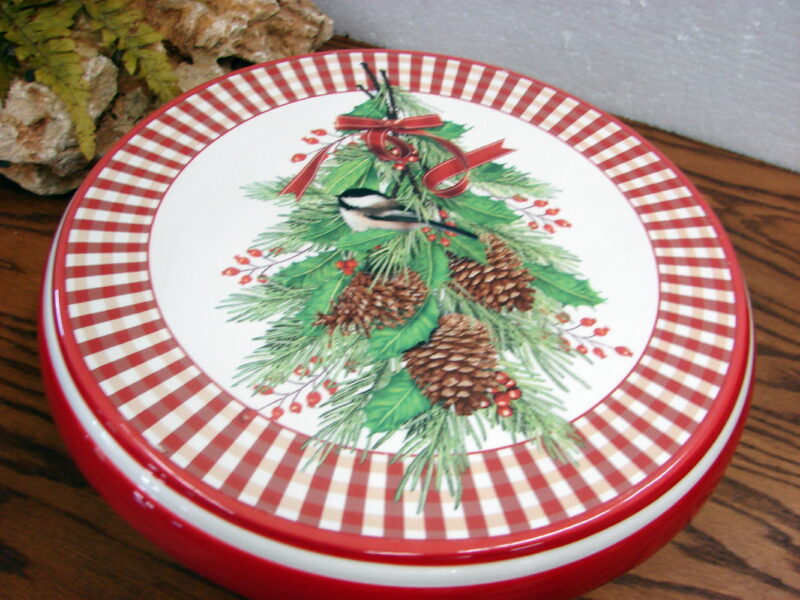 Chickadee Pine Cone Bough Reversible Cake Stand Chip and Dip Holder Red White, Moose-R-Us.Com Log Cabin Decor