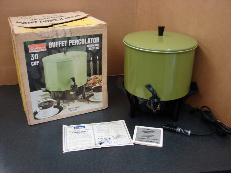 Vintage Parsley Green Chilton 30 Cup Squat Space Saver Coffee Pot Percolator Box, Moose-R-Us.Com Log Cabin Decor