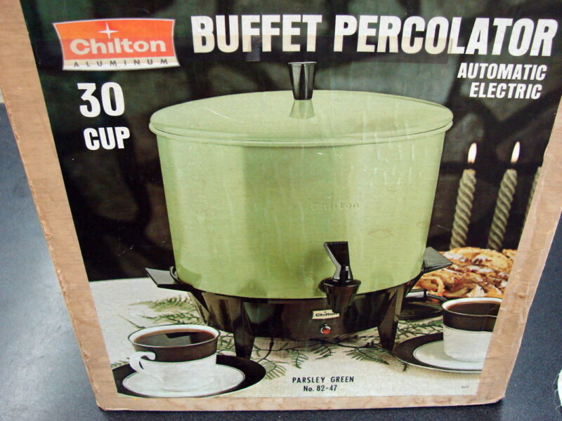 Vintage Parsley Green Chilton 30 Cup Squat Space Saver Coffee Pot Percolator Box, Moose-R-Us.Com Log Cabin Decor