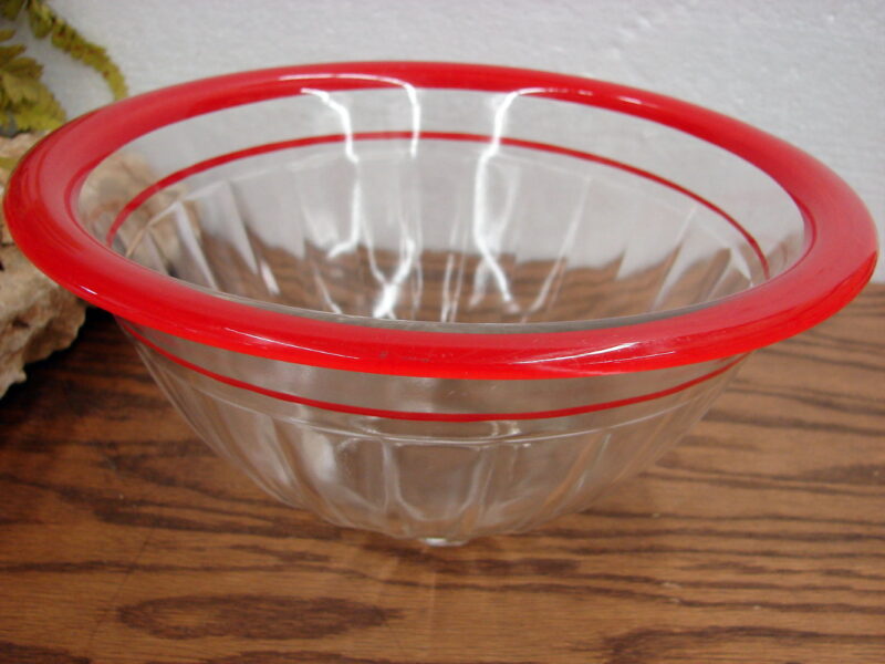 Vintage Federal Hazel Atlas Clear Red Stripes Glass Rolled Rim Square Bottom Mixing Bowl, Moose-R-Us.Com Log Cabin Decor