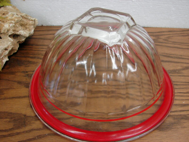 Vintage Federal Hazel Atlas Clear Red Stripes Glass Rolled Rim Square Bottom Mixing Bowl, Moose-R-Us.Com Log Cabin Decor