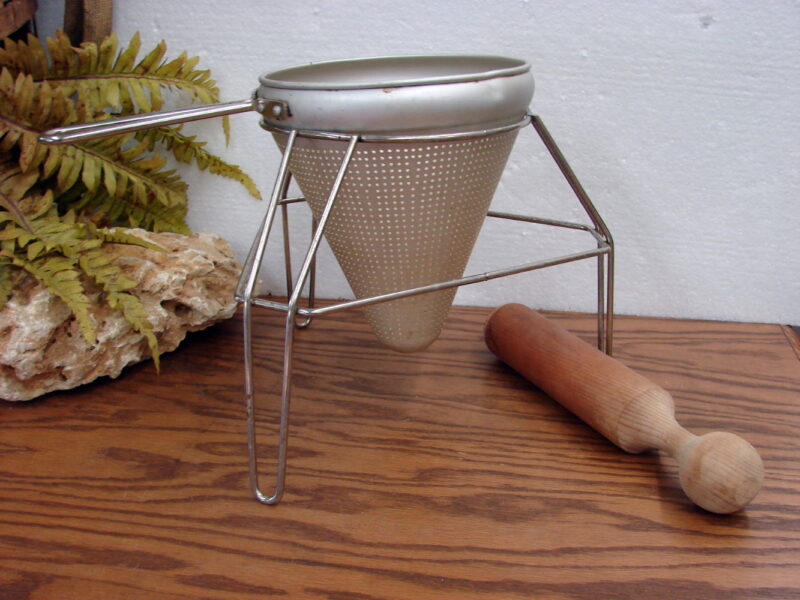 Vintage Cone Shaped Canning Colander Sieve Juicer on Stand for Jam Juice, Moose-R-Us.Com Log Cabin Decor