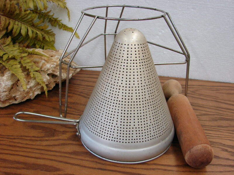 Vintage Cone Shaped Canning Colander Sieve Juicer on Stand for Jam Juice, Moose-R-Us.Com Log Cabin Decor