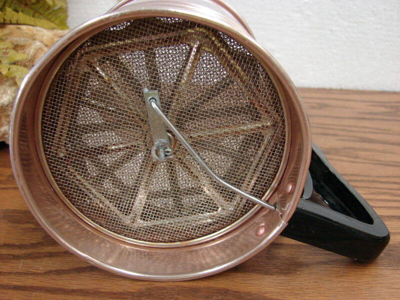 Vintage MCM Rose Copper Aluminum Flour Sifter Triple Screen, Moose-R-Us.Com Log Cabin Decor