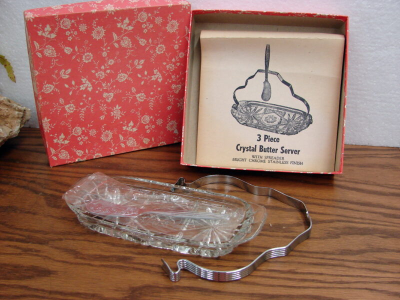 Vintage Crystal Butter Server w/ Handle Spreader and Original Box, Moose-R-Us.Com Log Cabin Decor