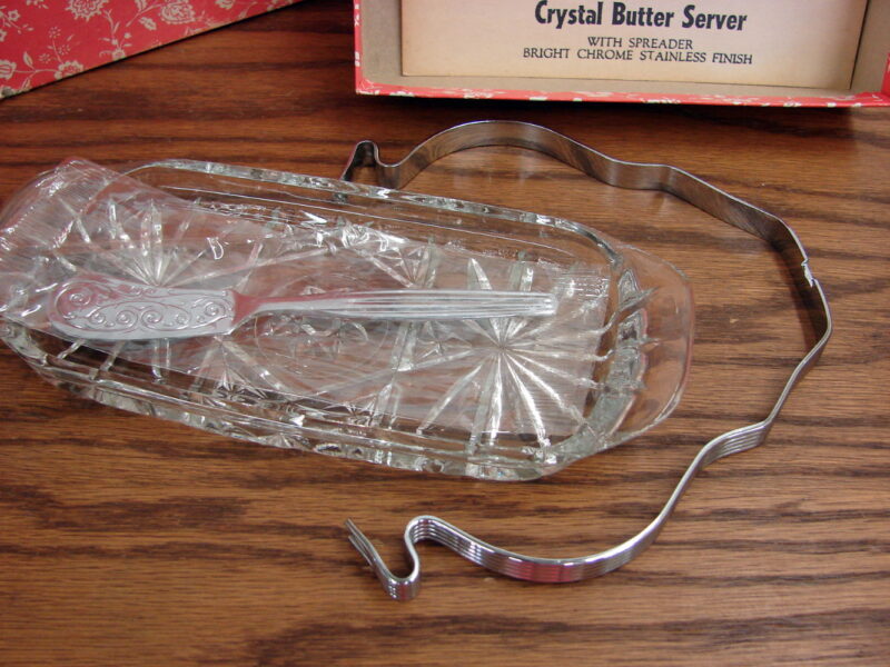 Vintage Crystal Butter Server w/ Handle Spreader and Original Box, Moose-R-Us.Com Log Cabin Decor