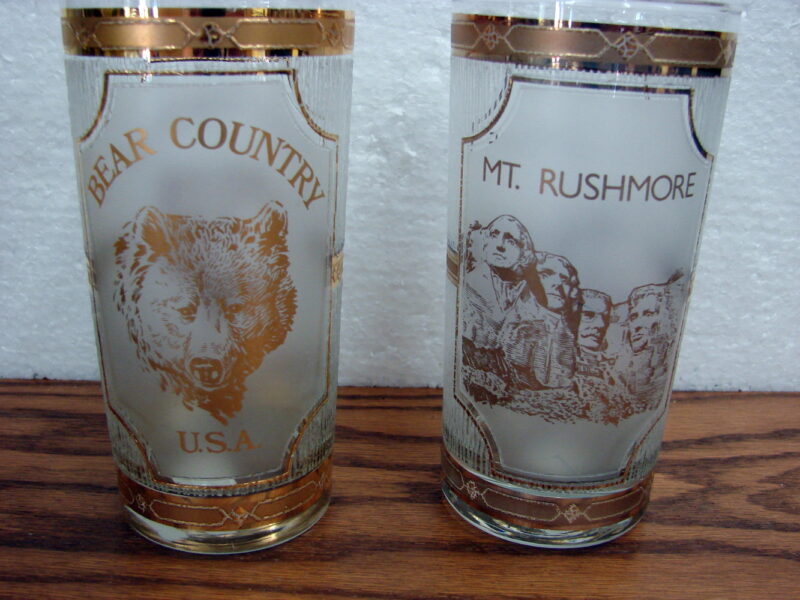 Vintage Culver Gold Souvenir Parks 22kt Gold Marked Set/2, Moose-R-Us.Com Log Cabin Decor