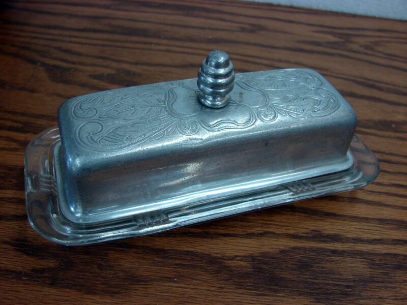 Vintage Hazel Atlas Criss Cross Style Butter Dish Aluminum Decorated Lid, Moose-R-Us.Com Log Cabin Decor