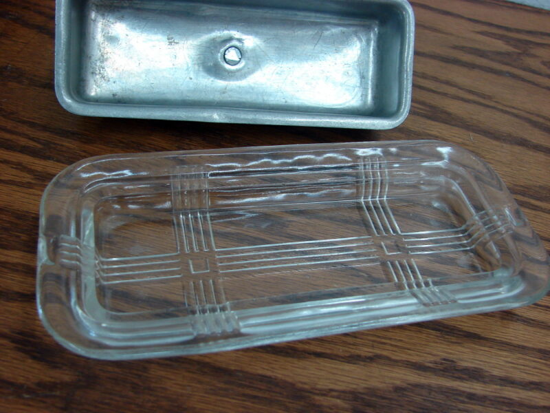 Vintage Hazel Atlas Criss Cross Style Butter Dish Aluminum Decorated Lid, Moose-R-Us.Com Log Cabin Decor