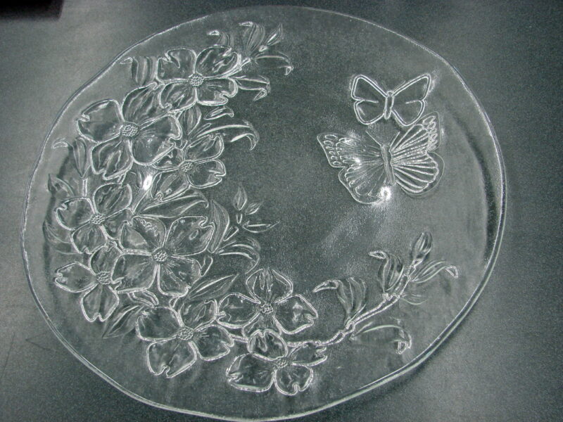 Vintage Crystal Pilgrim Glass Embossed Dogwood Flower Butterfly Platter, Moose-R-Us.Com Log Cabin Decor