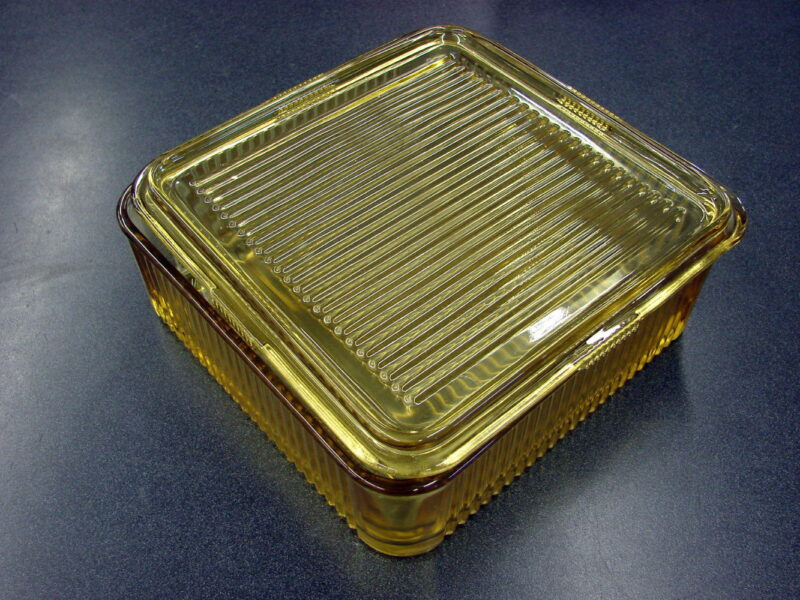 Vintage Federal Glass Amber Yellow Refrigerator Dish w/ Lid Ribbed, Moose-R-Us.Com Log Cabin Decor