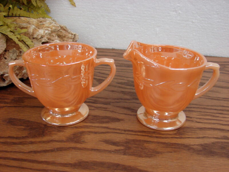 Vintage Fire King Peach Luster Laurel Leaf Creamer Sugar Set, Moose-R-Us.Com Log Cabin Decor