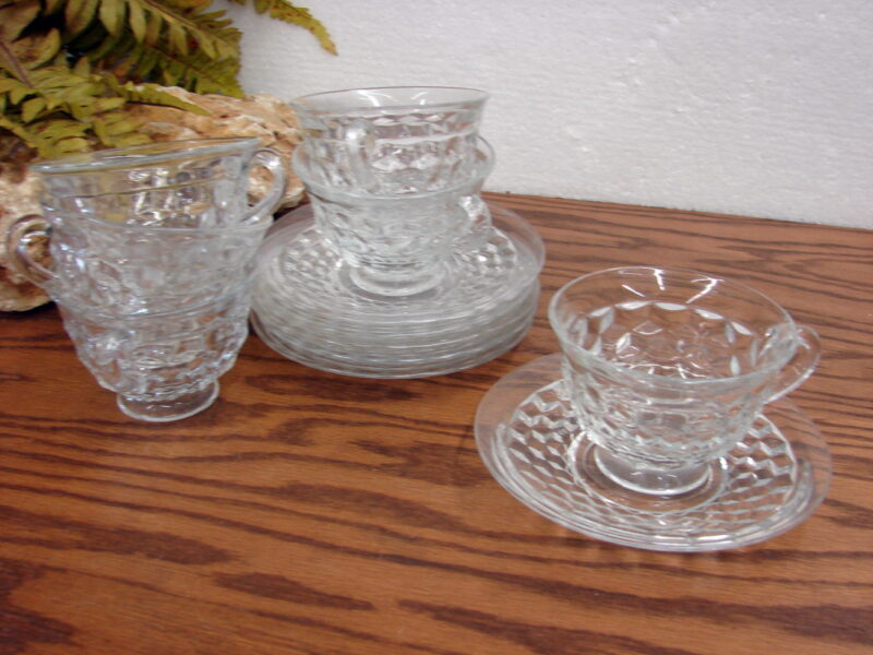 Vintage Crystal Fostoria American Cubist Set/6 Pedestal Cups and Saucers, Moose-R-Us.Com Log Cabin Decor