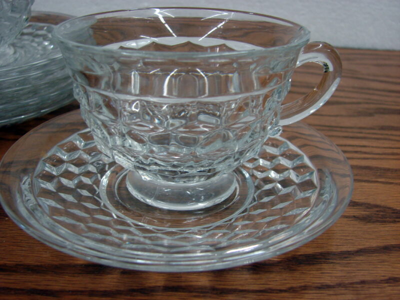 Vintage Crystal Fostoria American Cubist Set/6 Pedestal Cups and Saucers, Moose-R-Us.Com Log Cabin Decor