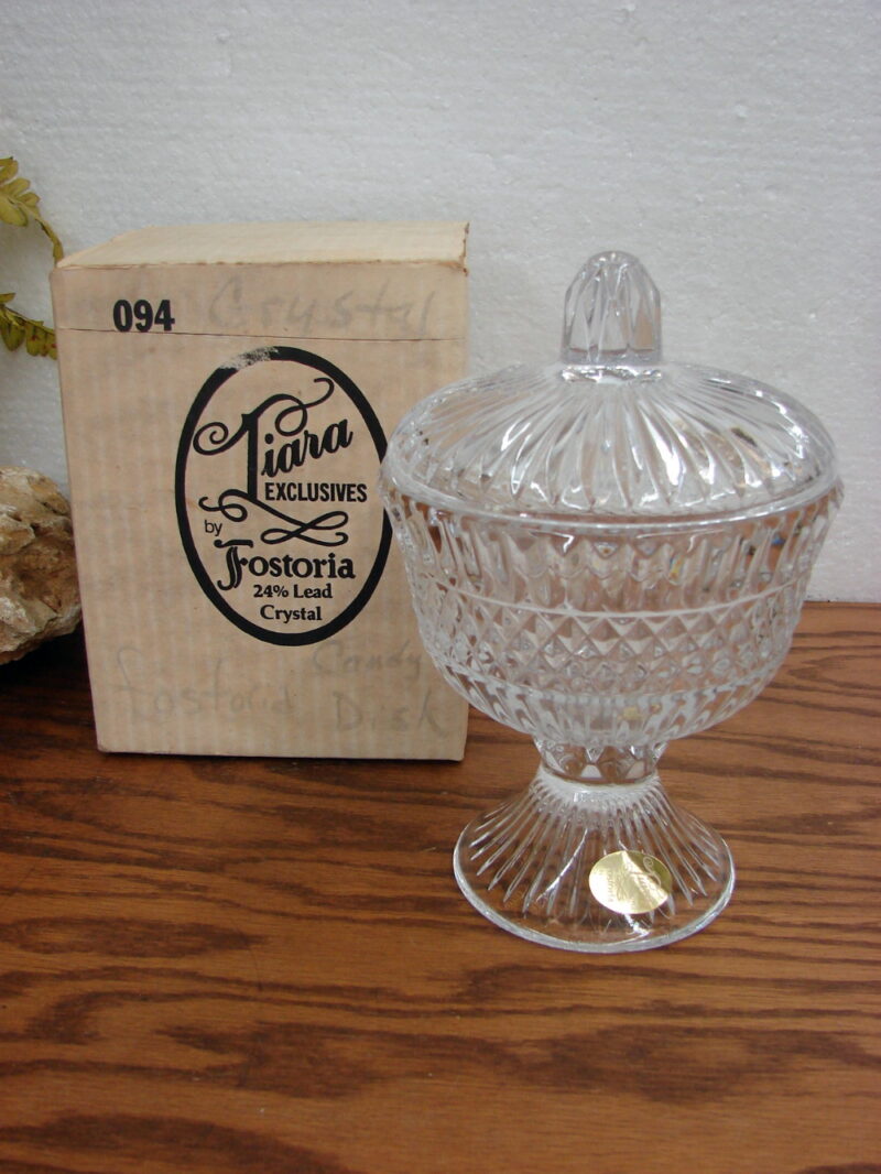 Vintage Lead Crystal Fostoria Tiara Candy Dish w/ Box Sticker, Moose-R-Us.Com Log Cabin Decor