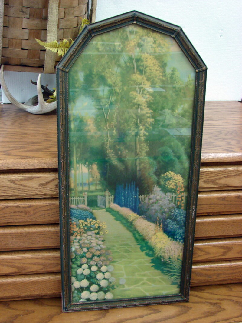 Antique Litho Print Garden Gate by Ashton Day Wood Art Deco Frame, Moose-R-Us.Com Log Cabin Decor