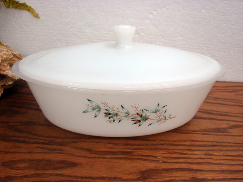 Vintage Glasbake Milk Glass Teal Atomic Flower Oval Casserole w/ Lid, Moose-R-Us.Com Log Cabin Decor