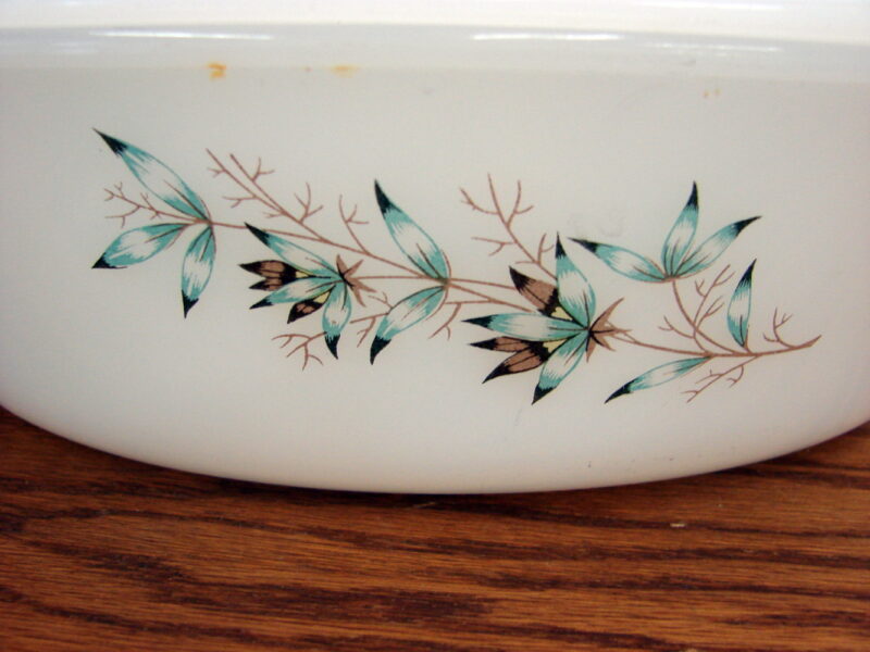 Vintage Glasbake Milk Glass Teal Atomic Flower Oval Casserole w/ Lid, Moose-R-Us.Com Log Cabin Decor