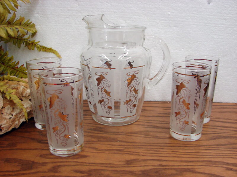 Vintage Anchor Hocking Gold Grape Ivy Frosted Paneled Pitcher Glasses Set, Moose-R-Us.Com Log Cabin Decor