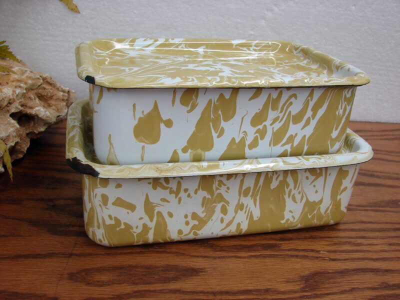 Set/2 Vintage Granite Ware Mustard Marbled Enamelware Refrigerator Containers, Moose-R-Us.Com Log Cabin Decor