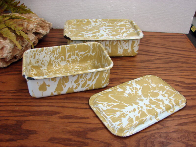 Set/2 Vintage Granite Ware Mustard Marbled Enamelware Refrigerator Containers, Moose-R-Us.Com Log Cabin Decor