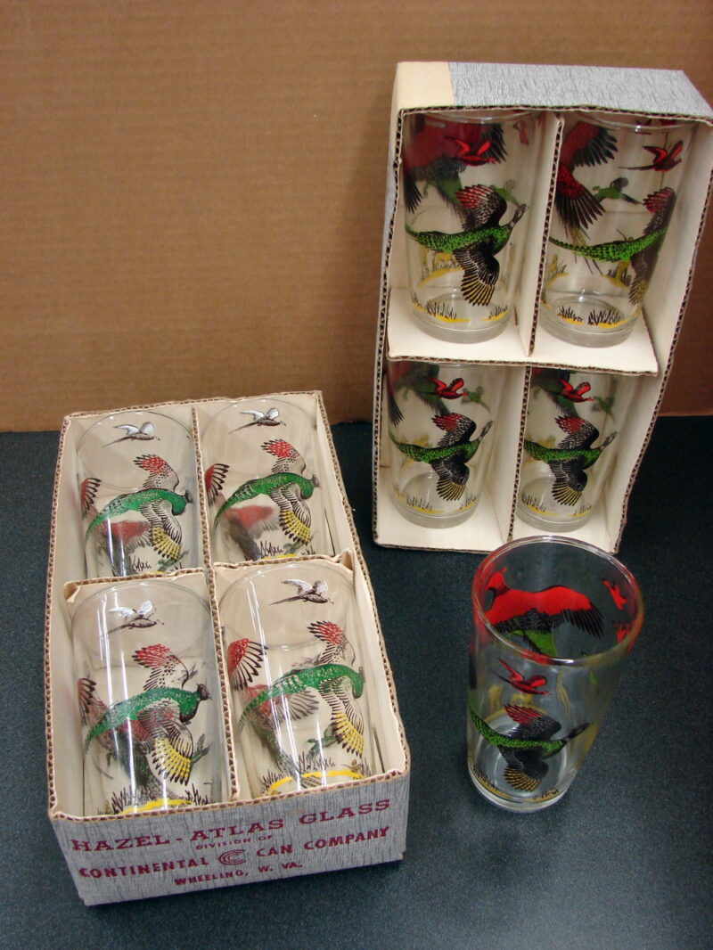 Vintage Hazel Atlas Gay Glasses Box Pheasant Set/9 Continental Can Co., Moose-R-Us.Com Log Cabin Decor