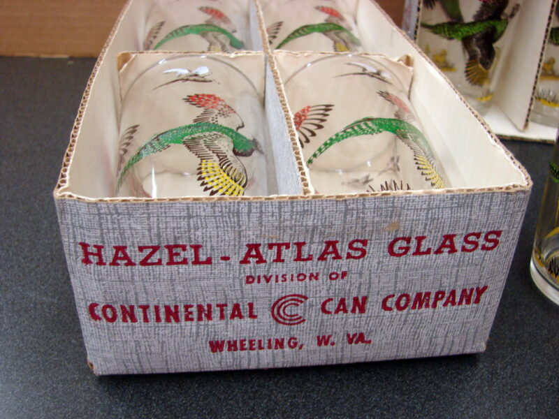 Vintage Hazel Atlas Gay Glasses Box Pheasant Set/9 Continental Can Co., Moose-R-Us.Com Log Cabin Decor