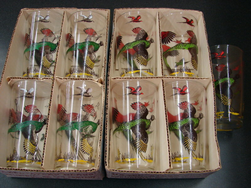 Vintage Hazel Atlas Gay Glasses Box Pheasant Set/9 Continental Can Co., Moose-R-Us.Com Log Cabin Decor