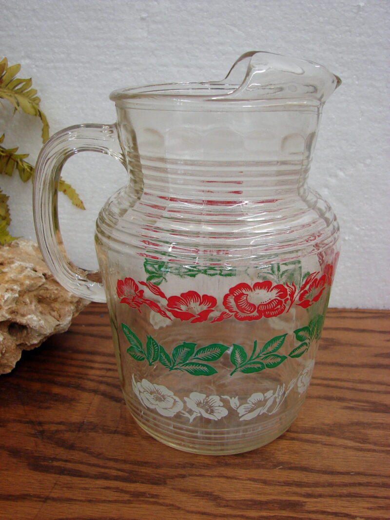 Vintage Hazel Atlas White Red Green Flowers Ribbed Ice Lip Pitcher, Moose-R-Us.Com Log Cabin Decor